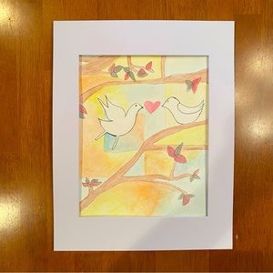 Doves & Hearts hand painted watercolor art with an 11x14 mat ready to frame